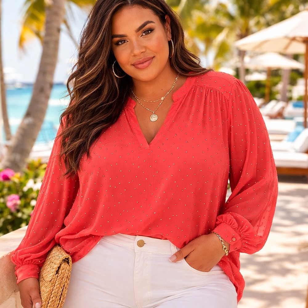 a.n.a‎ A New Approach Coral Studded Chiffon V-Neck Blouse Plus Size 3X Womens